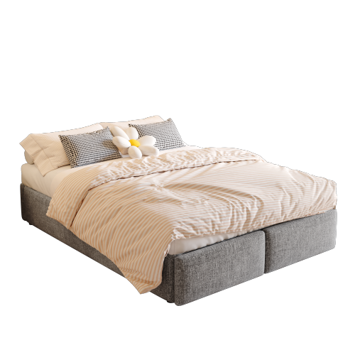 Lit Coffre Adulte 140x200 Cm Avec 2 Tiroirs, Sans Tête De Lit, En Lin, Gris