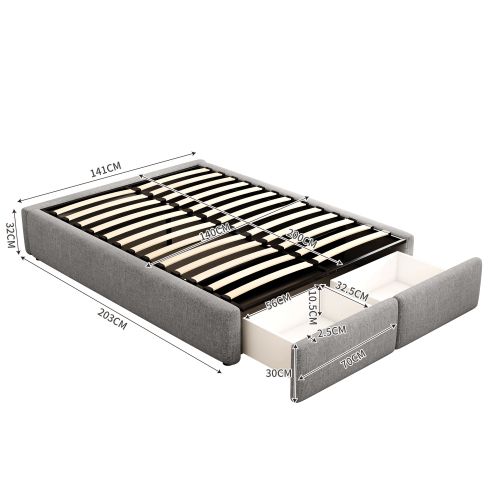 Lit Coffre Adulte 140x200 Cm Avec 2 Tiroirs, Sans Tête De Lit, En Lin, Gris