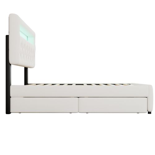 Lit Adulte 140x200 Cm Avec Lit Gigogne 90x190cm, Éclairage LED Et 2 Tiroirs, En Lin, Blanc