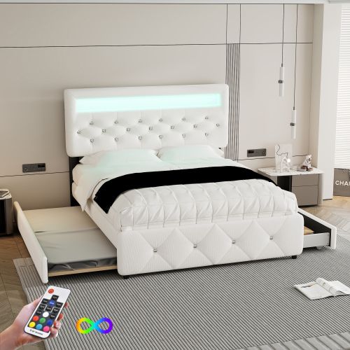 Lit Adulte 140x200 Cm Avec Lit Gigogne 90x190cm, Éclairage LED Et 2 Tiroirs, En Lin, Blanc