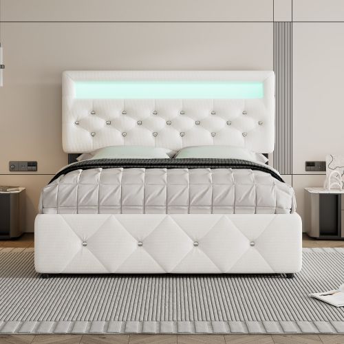 Lit Adulte 140x200 Cm Avec Lit Gigogne 90x190cm, Éclairage LED Et 2 Tiroirs, En Lin, Blanc