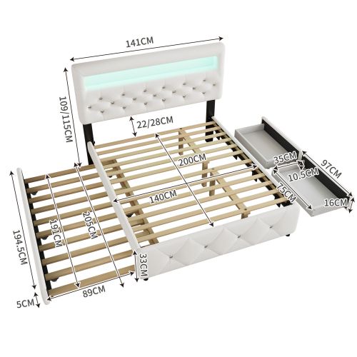Lit Adulte 140x200 Cm Avec Lit Gigogne 90x190cm, Éclairage LED Et 2 Tiroirs, En Lin, Blanc