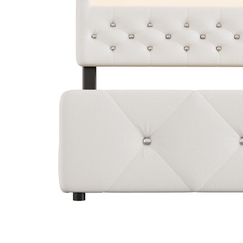 Lit Adulte 140x200 Cm Avec Lit Gigogne 90x190cm, Éclairage LED Et 2 Tiroirs, En Lin, Blanc