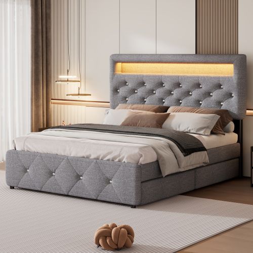 Lit Adulte 140x200 Cm Avec Lit Gigogne 90x190cm, Éclairage LED Et 2 Tiroirs, En Lin, Gris