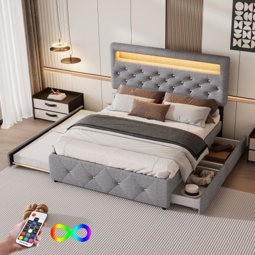 Lit Adulte 140x200 Cm Avec Lit Gigogne 90x190cm, Éclairage LED Et 2 Tiroirs, En Lin, Gris