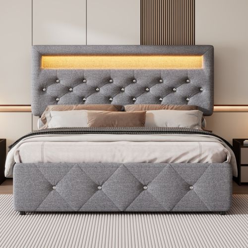 Lit Adulte 140x200 Cm Avec Lit Gigogne 90x190cm, Éclairage LED Et 2 Tiroirs, En Lin, Gris