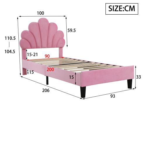 Lit Enfant 90x200 Cm Avec Tête De Lit Pétale, Sommier à Lattes, En Velours, Rose