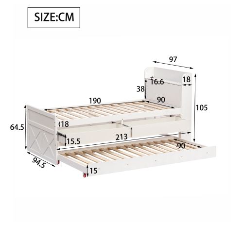 Lit Enfant 90x190 Avec Lit Gigogne, 2 Tiroirs Et Sub, Chevets De Rangement, Blanc