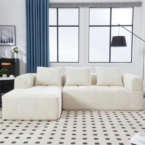 Canapé Modulable Moderne 3 Places 250 X 158 X 60 Cm, 3 Coussins, Beige