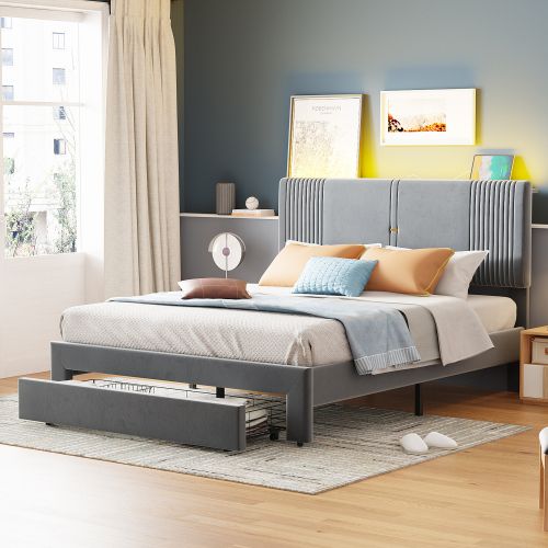 Lit Adulte 140x200 Cm Avec Tête De Lit LED Et Charge USB, 1 Tiroir, Sommier à Lattes, Velours, Gris