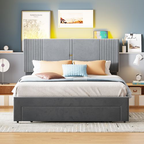 Lit Adulte 140x200 Cm Avec Tête De Lit LED Et Charge USB, 1 Tiroir, Sommier à Lattes, Velours, Gris