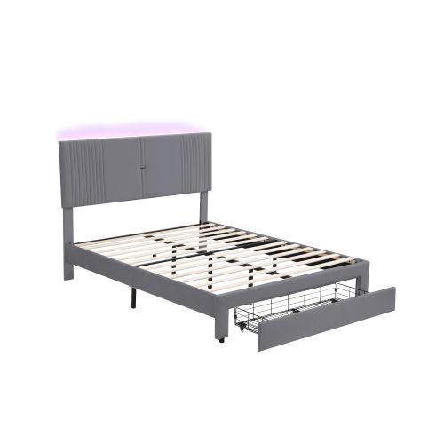 Lit Adulte 140x200 Cm Avec Tête De Lit LED Et Charge USB, 1 Tiroir, Sommier à Lattes, Velours, Gris