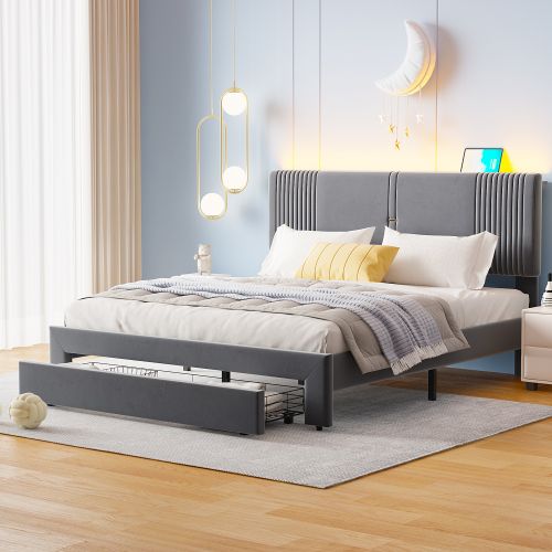 Lit Adulte 160x200 Cm Avec Tête De Lit LED Et Charge USB, 1 Tiroir, Sommier à Lattes, Velours, Gris