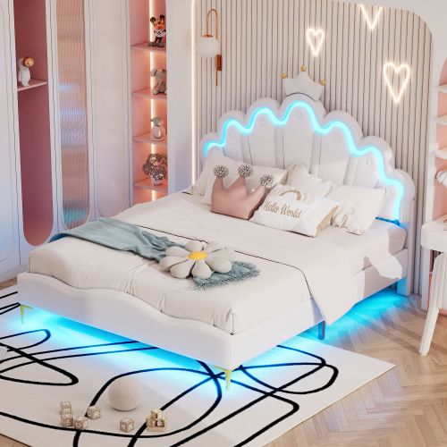 Lit Enfant 140x200 Cm Avec Tête De Lit Couronne Blanche, Télécommande LED, En Pu, Blanc