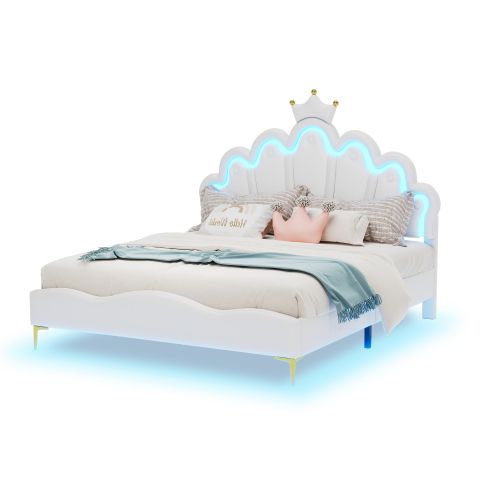 Lit Enfant 140x200 Cm Avec Tête De Lit Couronne Blanche, Télécommande LED, En Pu, Blanc