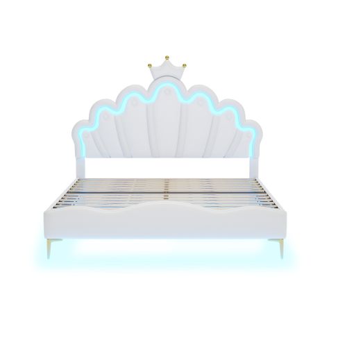 Lit Enfant 140x200 Cm Avec Tête De Lit Couronne Blanche, Télécommande LED, En Pu, Blanc