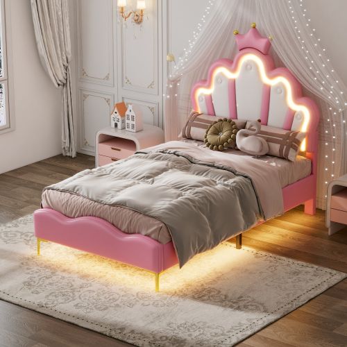 Lit Enfant 90x200 Cm Avec Tête De Lit Couronne Rose, Télécommande LED, En Pu, Blanc Et Rose