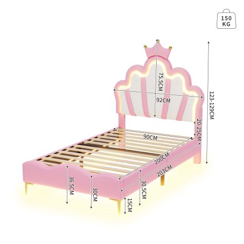 Lit Enfant 90x200 Cm Avec Tête De Lit Couronne Rose, Télécommande LED, En Pu, Blanc Et Rose
