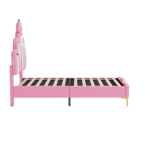 Lit Enfant 90x200 Cm Avec Tête De Lit Couronne Rose, Télécommande LED, En Pu, Blanc Et Rose