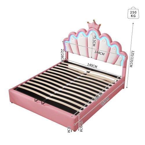 Lit Coffre Enfant 140x200 Cm Avec Tête De Lit Couronne Rose, En Pu, Rose