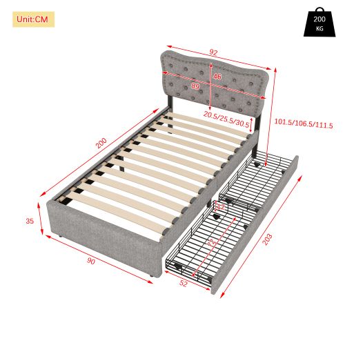 Lit Enfant 90x200 Cm, Lit Simple, Avec 2 Tiroirs et Tête De Lit Décorée De Rivets, En Lin Gris