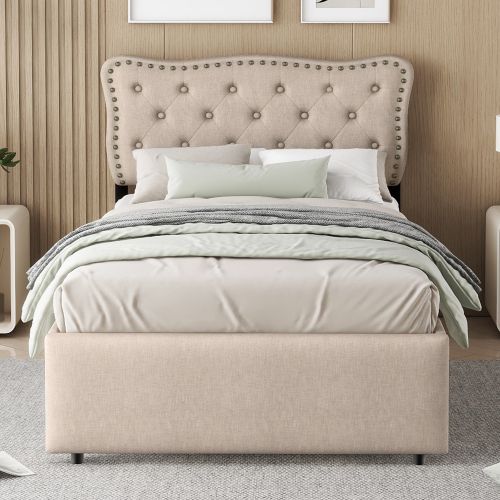 Lit Enfant 90x200 Cm Avec Tête De Lit Capitonnée et 2 Tiroirs, En Lin Beige Foncé