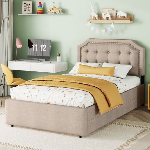 Lit Simple Lit Enfant 90x200 Cm Avec Tête De Lit Décorée De Rivets, 2 Tiroirs, En Lin, Beige Foncé