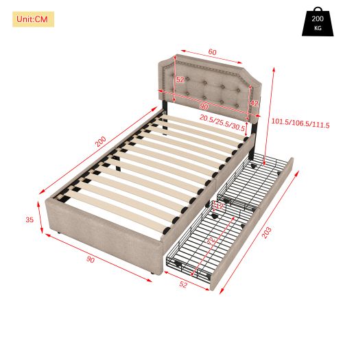 Lit Simple Lit Enfant 90x200 Cm Avec Tête De Lit Décorée De Rivets, 2 Tiroirs, En Lin, Beige Foncé