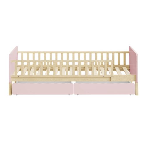 Lit Enfant 90x190 Cm Avec 2 Tiroirs, Barrières De Lit, Sommier à Lattes, Rose