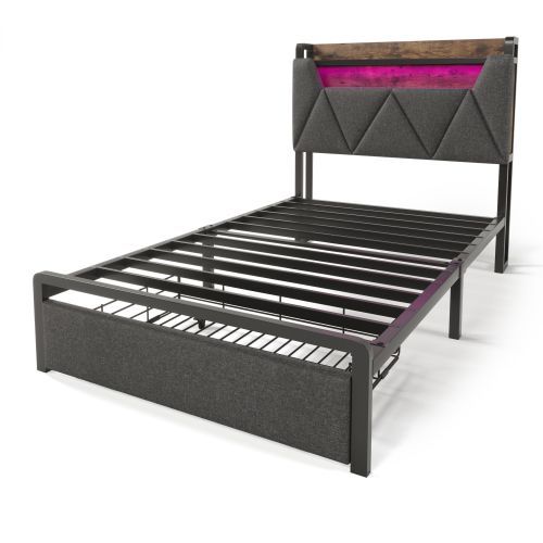 Lit Enfant 90x200 Cm Avec Tête De Lit Rangement, Charge USB Et Éclairage LED, 2 Tiroirs, Gris