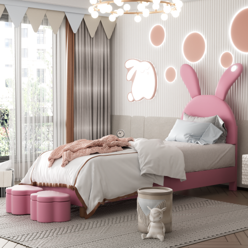Lit Enfant 90x200 Cm Avec 2 Tabourets De Rangement, Lumières LED, Oreilles De Lapin Pliables, Rose