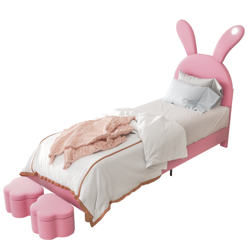 Lit Enfant 90x200 Cm Avec 2 Tabourets De Rangement, Lumières LED, Oreilles De Lapin Pliables, Rose