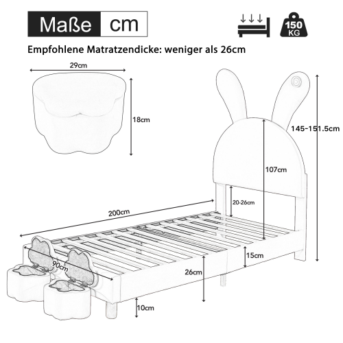 Lit Enfant 90x200 Cm Avec 2 Tabourets De Rangement, Lumières LED, Oreilles De Lapin Pliables, Rose