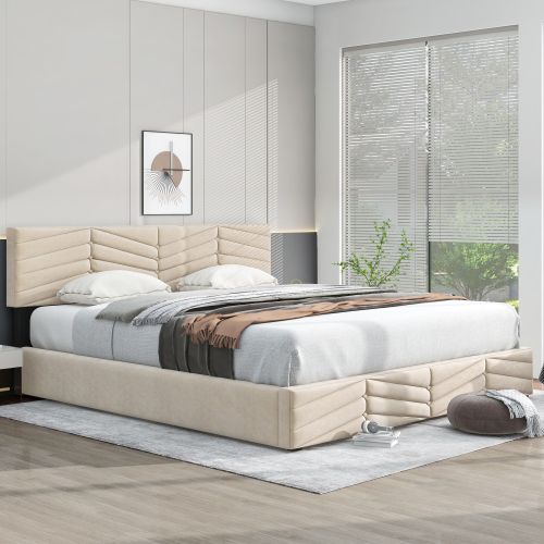 Lit Coffre 160x200 Cm, Lit Adulte Avec Tête De Lit Réglable En Hauteur, Velours, Beige