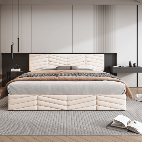Lit Coffre 160x200 Cm, Lit Adulte Avec Tête De Lit Réglable En Hauteur, Velours, Beige