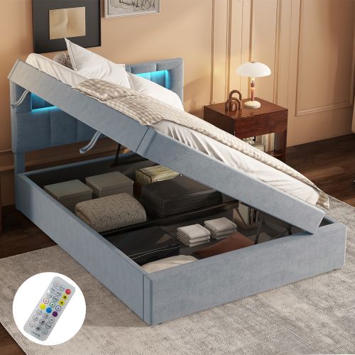 Lit Coffre 90x200 Cm Lit Enfant Avec LED, Ouverture De Rangement Sur Un Côté, Velours, Gris