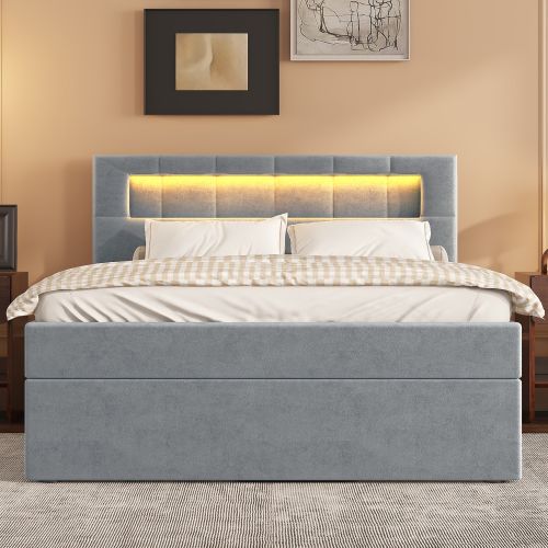 Lit Coffre 90x200 Cm Lit Enfant Avec LED, Ouverture De Rangement Sur Un Côté, Velours, Gris