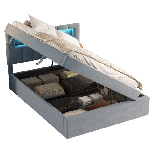 Lit Coffre 90x200 Cm Lit Enfant Avec LED, Ouverture De Rangement Sur Un Côté, Velours, Gris