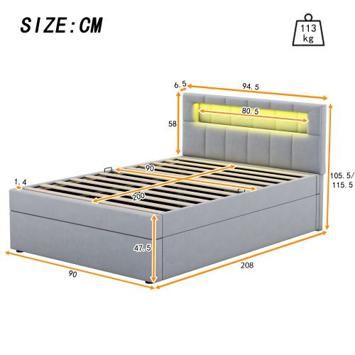 Lit Coffre 90x200 Cm Lit Enfant Avec LED, Ouverture De Rangement Sur Un Côté, Velours, Gris