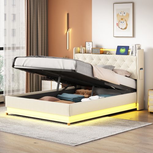 Lit Coffre 140x200 Cm Lit Adulte Avec Éclairage LED Et Charge USB, 2 Poches Latérales, Beige
