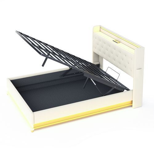 Lit Coffre 140x200 Cm Lit Adulte Avec Éclairage LED Et Charge USB, 2 Poches Latérales, Beige