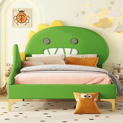 Lit Enfant 90x200cm, Forme Dinosaure Cartoon, Pieds De Support Dorés, En Pu, ​​vert
