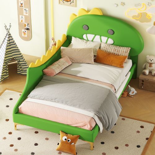 Lit Enfant 90x200cm, Forme Dinosaure Cartoon, Pieds De Support Dorés, En Pu, ​​vert