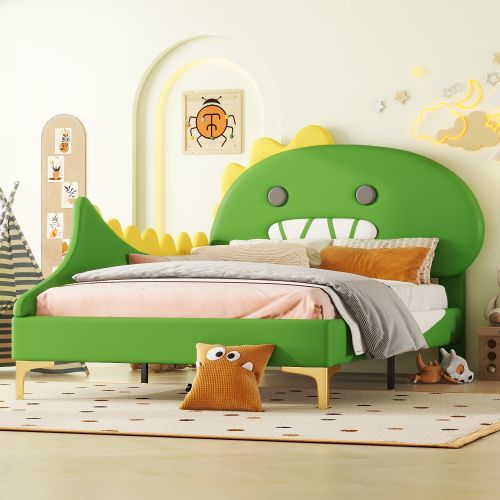 Lit Enfant 90x200cm, Forme Dinosaure Cartoon, Pieds De Support Dorés, En Pu, ​​vert