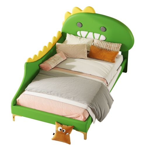 Lit Enfant 90x200cm, Forme Dinosaure Cartoon, Pieds De Support Dorés, En Pu, ​​vert