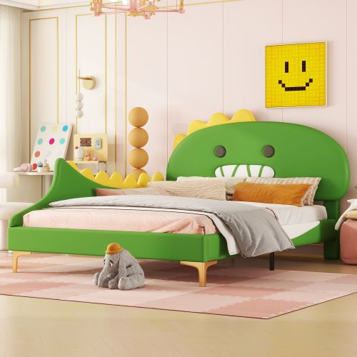 Lit Enfant 140x200cm, Forme Dinosaure Cartoon, Pieds De Support Dorés, En Pu, ​​vert