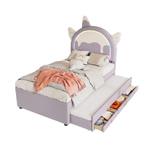 Lit Enfant 90x200 Cm Avec Lit Gigogne 90x190 Cm, Forme Licorne, 3 Tiroirs, En Pu, Violet