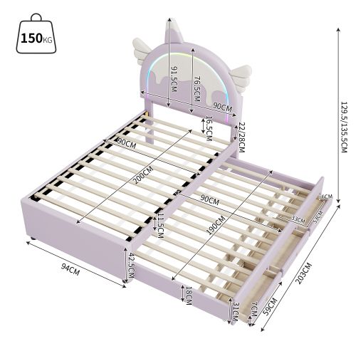 Lit Enfant 90x200 Cm Avec Lit Gigogne 90x190 Cm, Forme Licorne, 3 Tiroirs, En Pu, Violet