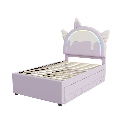 Lit Enfant 90x200 Cm Avec Lit Gigogne 90x190 Cm, Forme Licorne, 3 Tiroirs, En Pu, Violet
