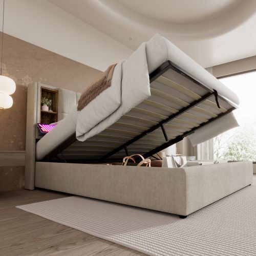Lit Coffre 160x200 Cm Lit Adulte Avec Recharge Sans Fil USB C, Sommier à Lattes, En Lin Beige